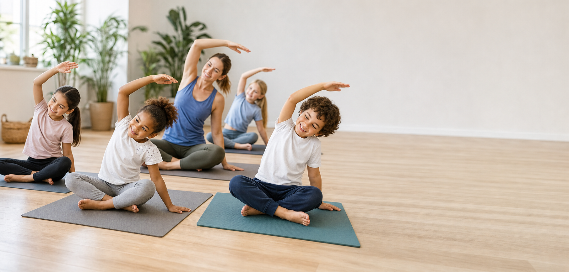 Kinder üben sanfte Seitbeugen auf Yogamatten in einem hellen Studio